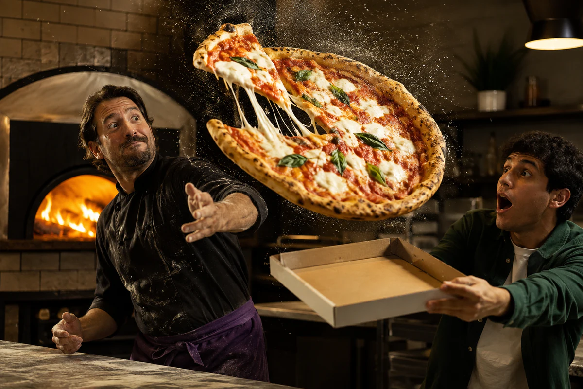A chef flipping a pizza toward a surprised diner holding a pizza box