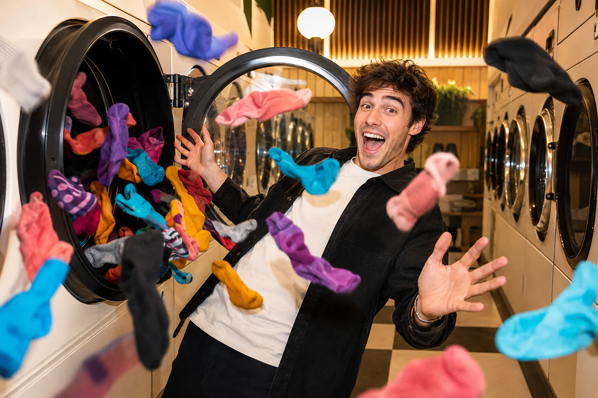 A delighted creator surrounded by colorful socks flying from a dryer