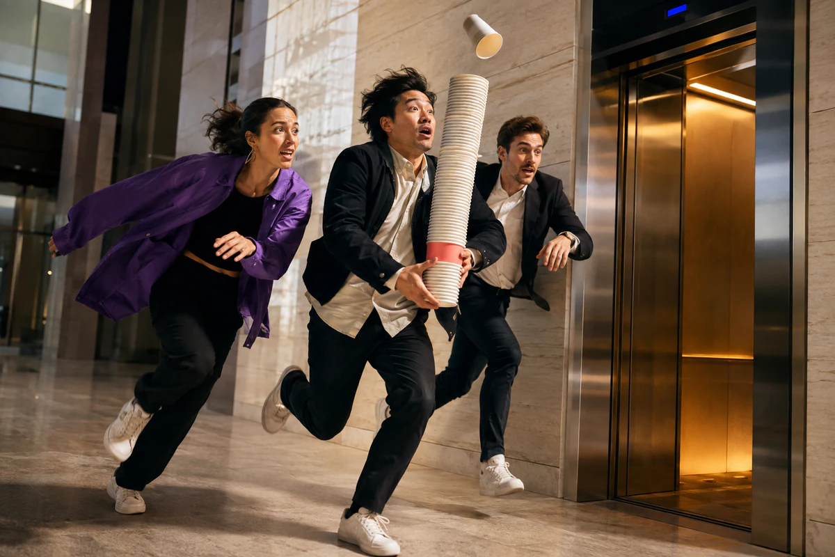 Three coworkers sprinting toward an elevator with a tall stack of cups