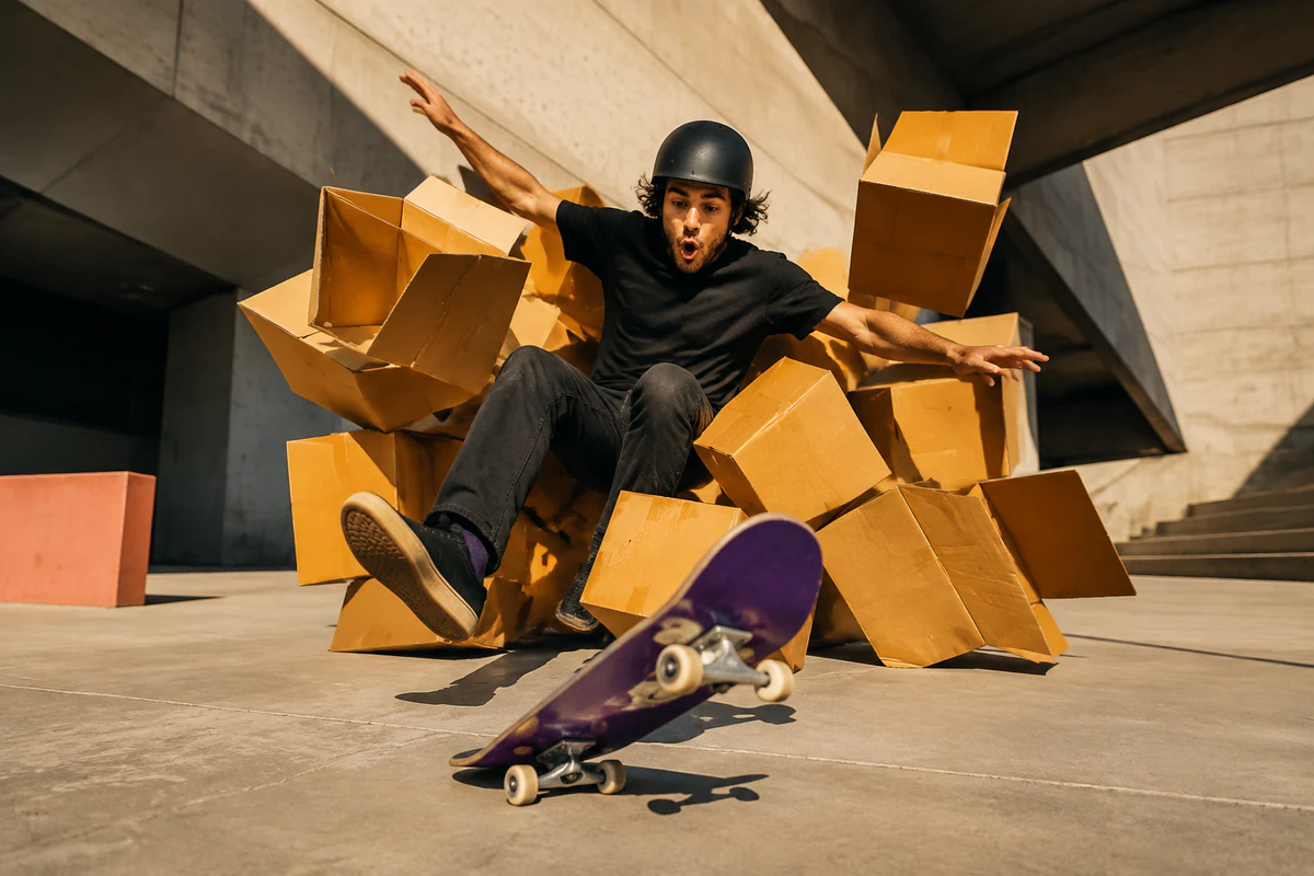 A helmeted skateboarder tumbling harmlessly through cardboard boxes