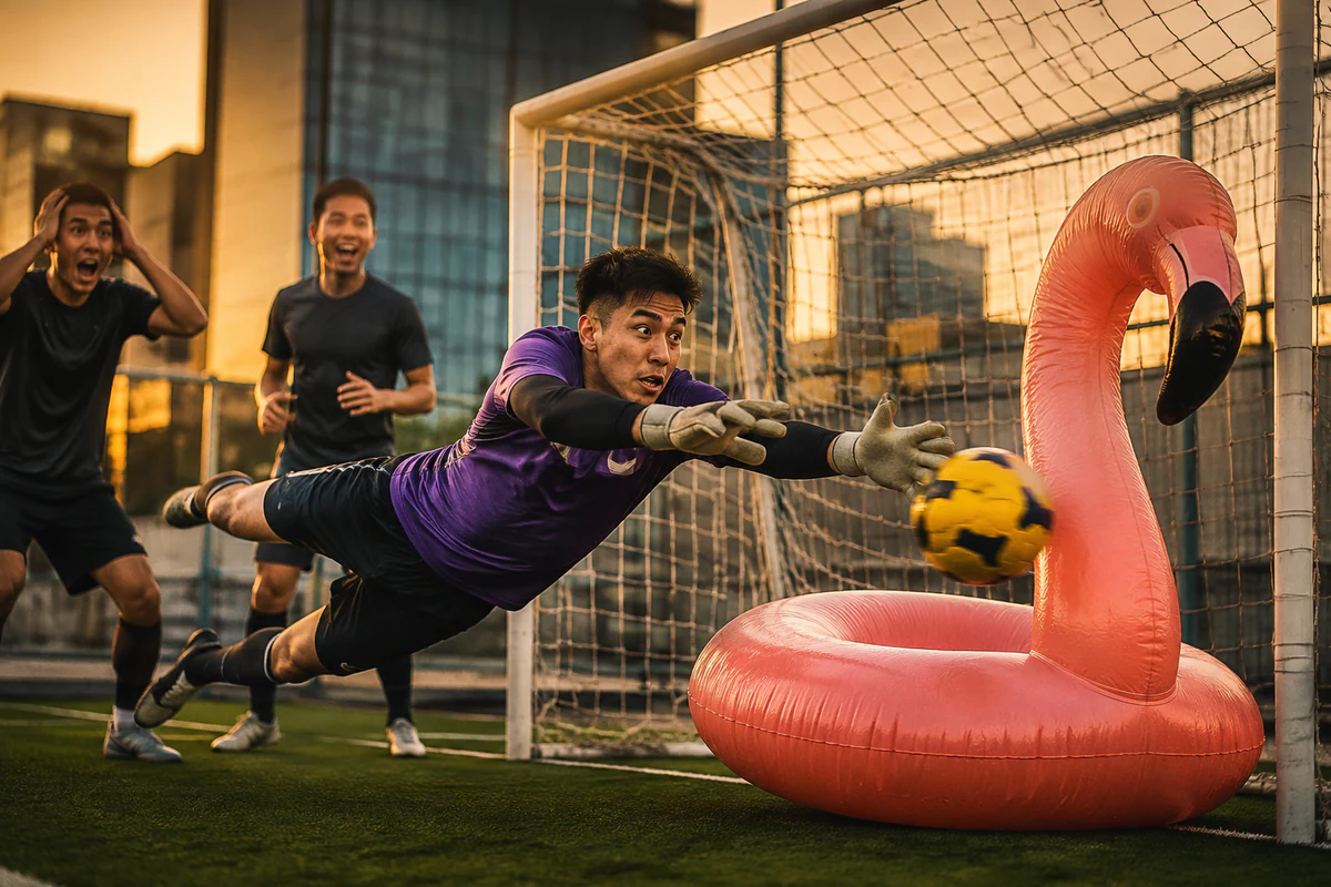 A goalkeeper diving as a soccer ball hits an inflatable flamingo