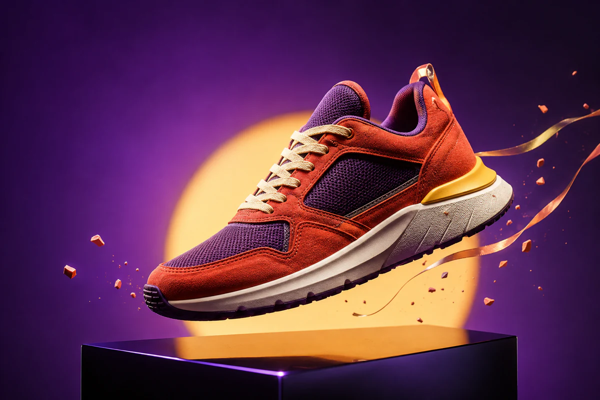 A premium coral and purple sneaker campaign visual